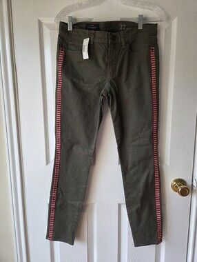 J Crew Jeans 27 NWT Toothpick Tux Stripe Olive Green with Red Stripe $128